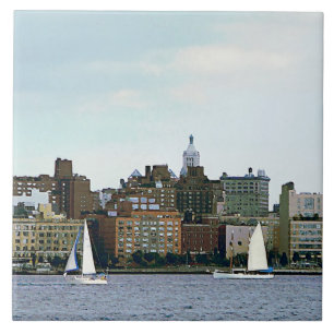 Two Sailboats Against Manhattan Skyline Tile