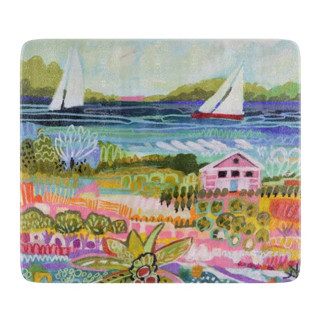 Two Sailboats and Cottage Cutting Board (Front)
