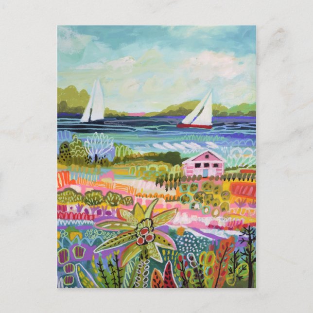 Two Sailboats and Cottage Postcard (Front)