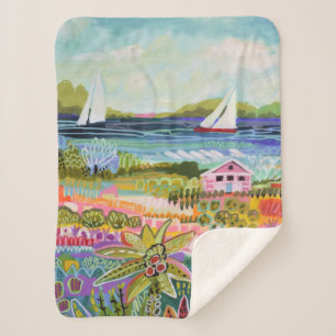 Two Sailboats and Cottage Sherpa Blanket