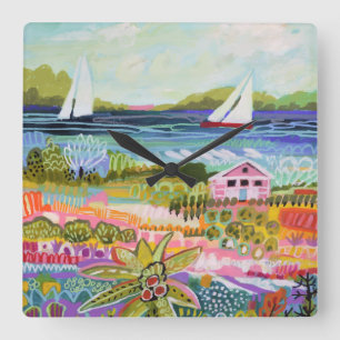 Two Sailboats and Cottage Square Wall Clock
