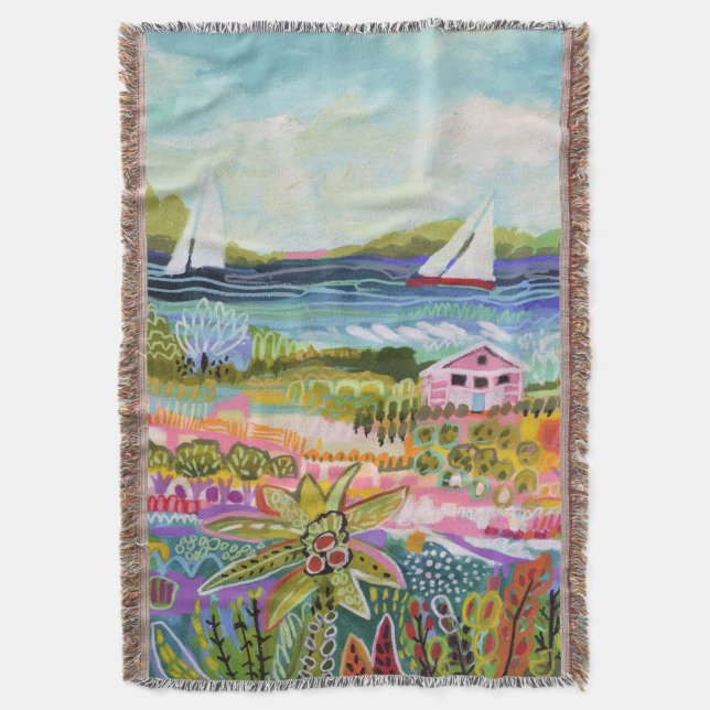 Two Sailboats and Cottage Throw Blanket (Front Vertical)