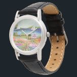 Two Sailboats and Cottage Watch<br><div class="desc">Two Sailboats and Cottage I by Karen Fields. Bright,  fun scene with flowers,  trees,  a cottage,  and sailboats out on the water.</div>