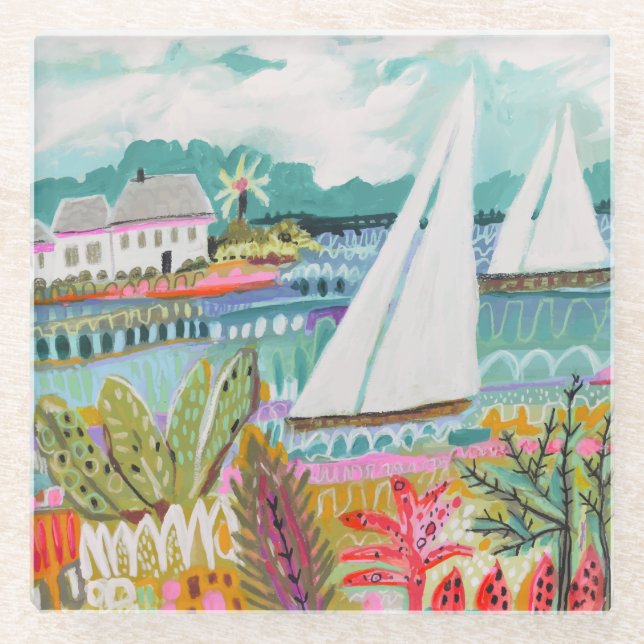 Two Sailboats Glass Coaster (Front)