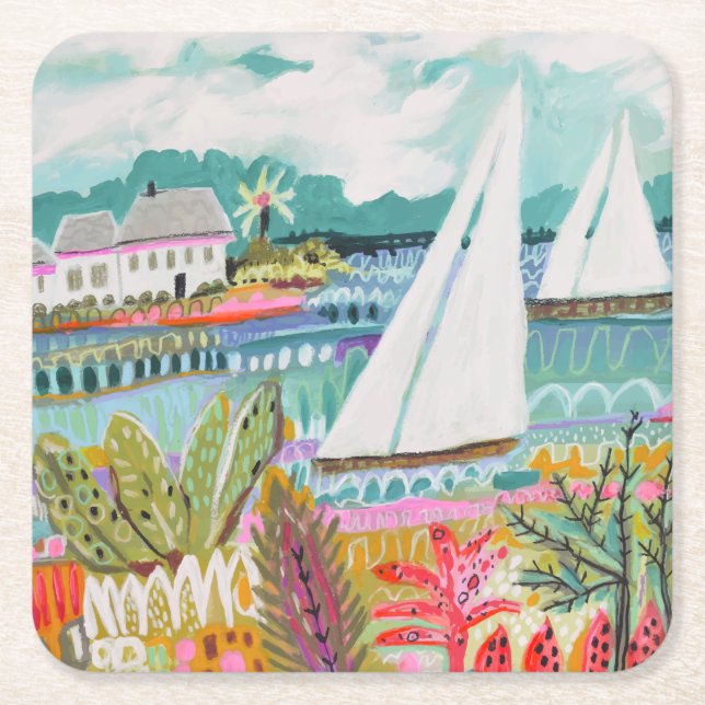 Two Sailboats Square Paper Coaster (Front)