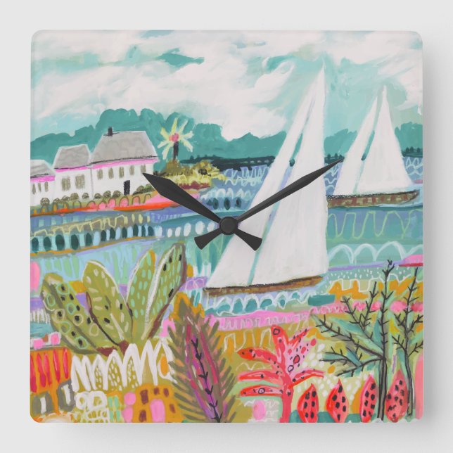 Two Sailboats Square Wall Clock (Front)