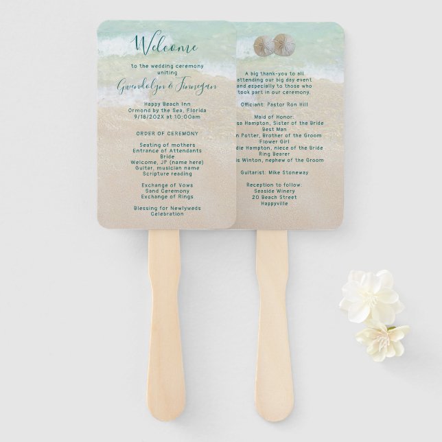 Two Sand Dollars Beach Scene Fan Wedding Program (Front and Back)