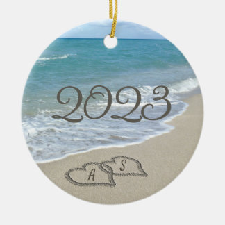 Two Sand Hearts on the Beach Ceramic Ornament