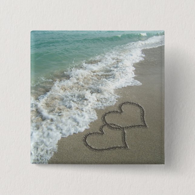 Two Sand Hearts on the Beach, Romantic Ocean 2 Inch Square Button (Front)