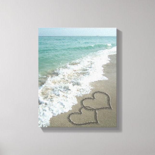 Two Sand Hearts on the Beach, Romantic Ocean Canvas Print (Front)