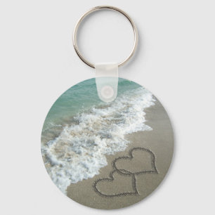 Two Sand Hearts on the Beach, Romantic Ocean Keychain