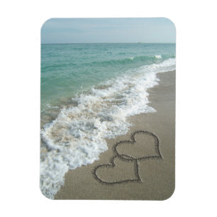 Two Sand Hearts on the Beach, Romantic Ocean Magnet