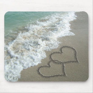 Two Sand Hearts on the Beach, Romantic Ocean Mouse Pad