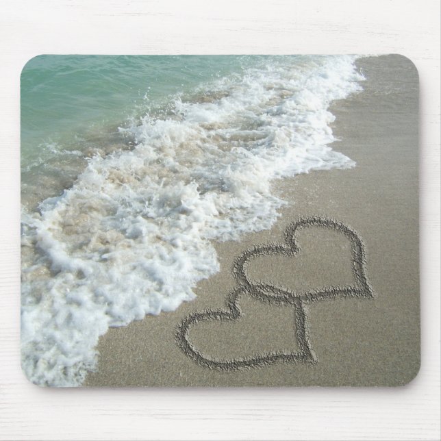 Two Sand Hearts on the Beach, Romantic Ocean Mouse Pad (Front)