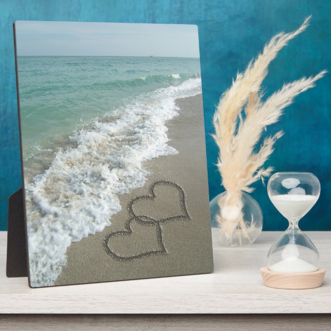 Two Sand Hearts on the Beach, Romantic Ocean Plaque (Side)