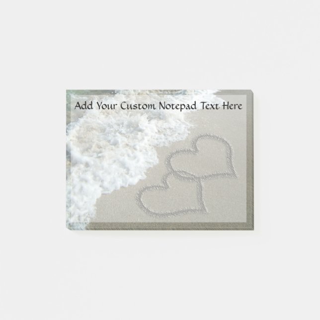 Two Sand Hearts on the Beach, Romantic Ocean Post-it Notes (Front)