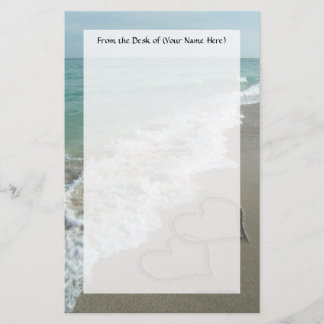 Two Sand Hearts on the Beach, Romantic Ocean Stationery