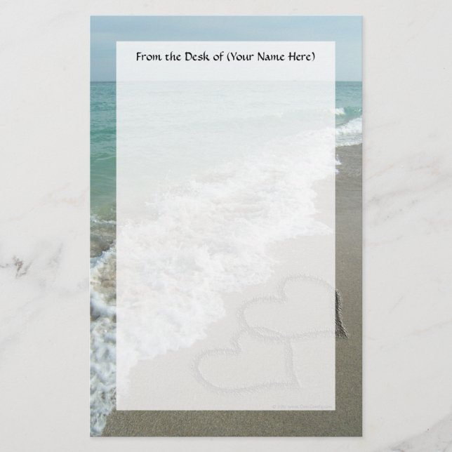 Two Sand Hearts on the Beach, Romantic Ocean Stationery (Front)