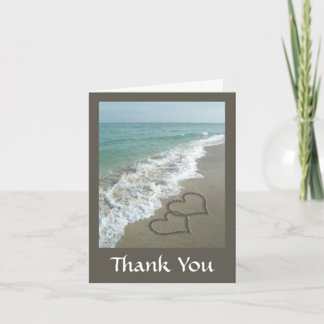 Two Sand Hearts on the Beach, Romantic Ocean Thank You Card (Front)