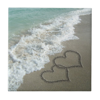 Two Sand Hearts on the Beach, Romantic Ocean Tile