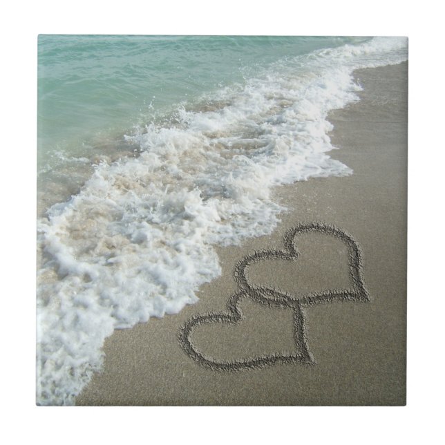 Two Sand Hearts on the Beach, Romantic Ocean Tile (Front)