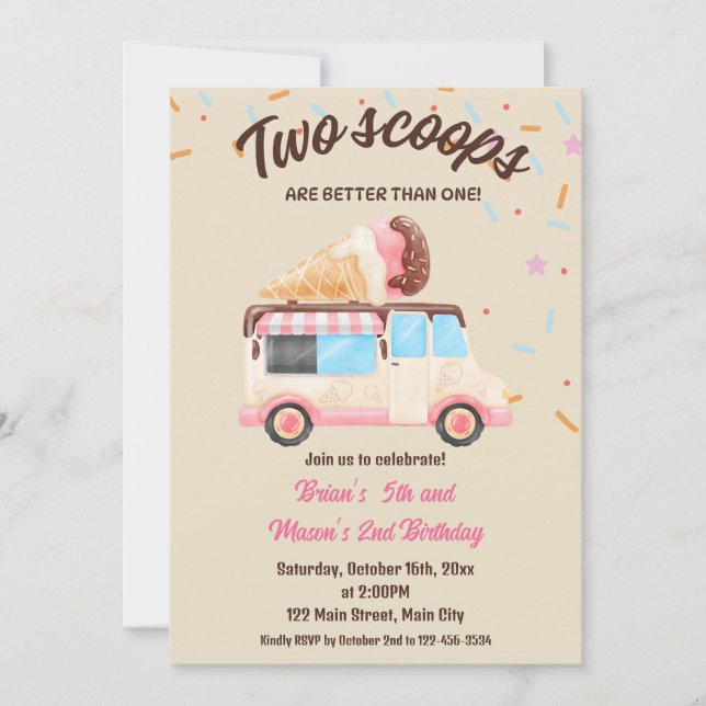 Two Scoops Are Better Than One Birthday Party Invitation (Front)