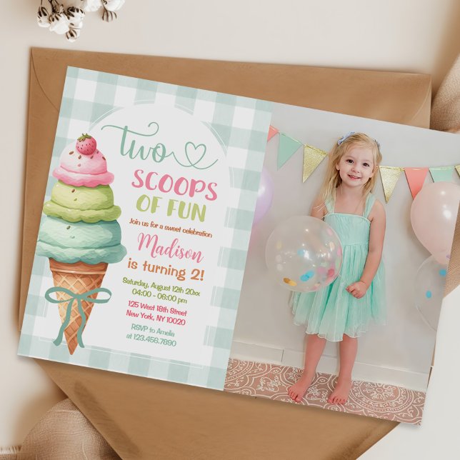 Two Scoops Of Fun Ice Cream Bow 2nd Birthday Photo Invitation (Creator Uploaded)