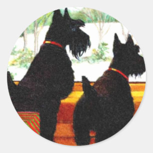 Two Scottie Dogs At Christmas Classic Round Sticker