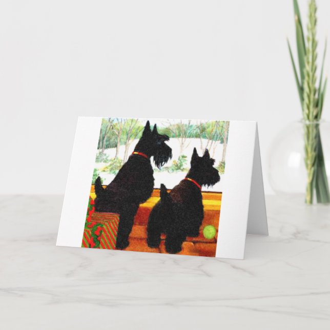 Two Scottie Dogs At Christmas Holiday Card (Front)