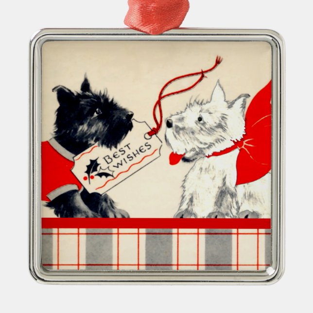 Two Scottie Dogs, Black and White Scottish Terrier Metal Ornament (Front)