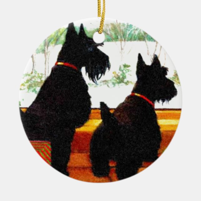 Two Scottie Dogs Waiting for Santa Claus Ceramic Ornament (Front)