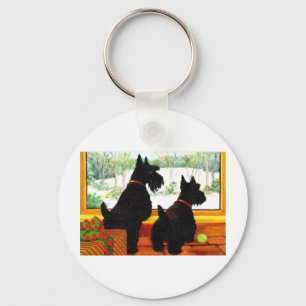 Two Scotty Dogs at Christmas Keychain