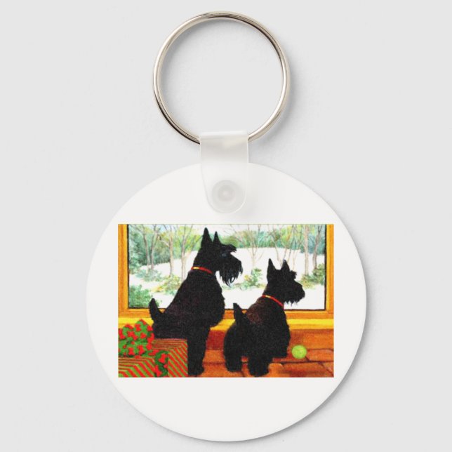 Two Scotty Dogs at Christmas Keychain (Front)
