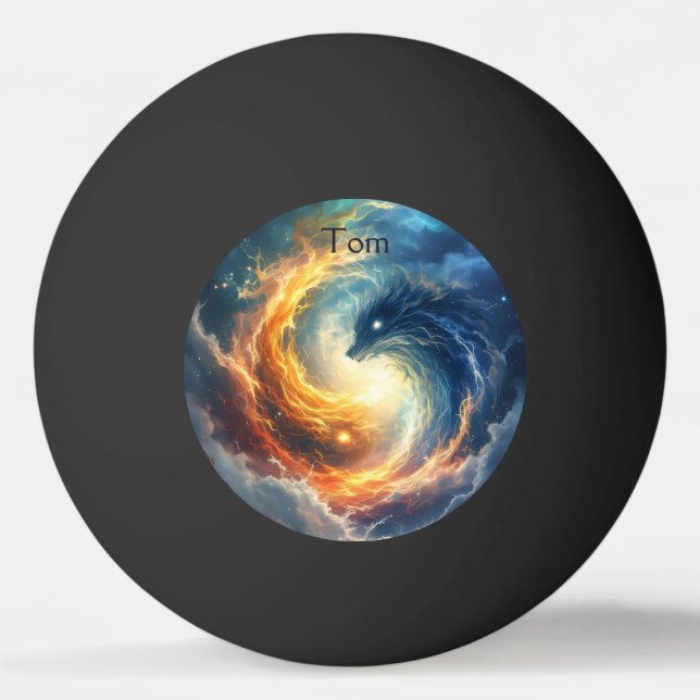 Two sea monsters chase each other, fantasy  ping pong ball (Front)