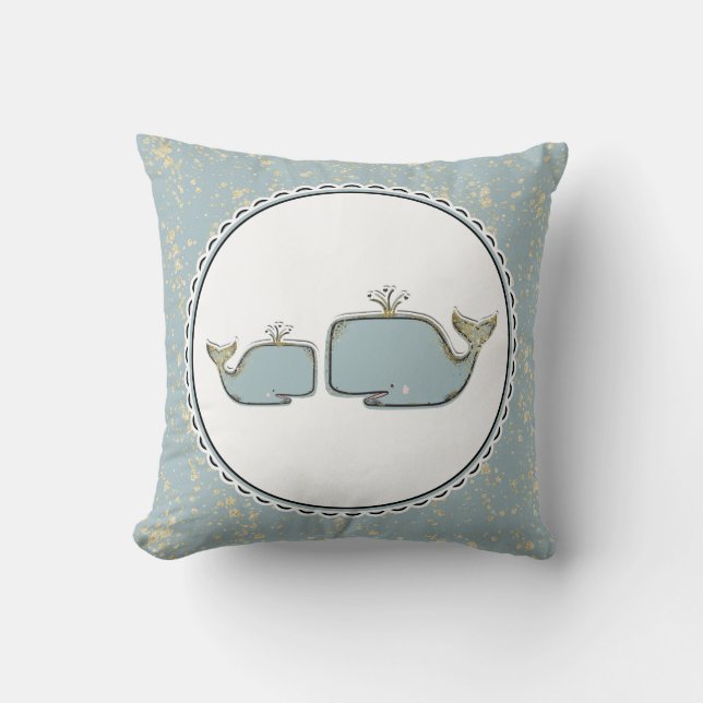 Two Sea Whales Blue & Gold Boutique Nursery Throw Pillow (Front)
