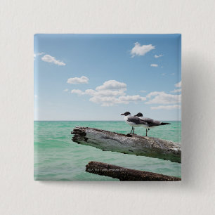 Two seagulls sitting on a dead tree sticking out 2 inch square button