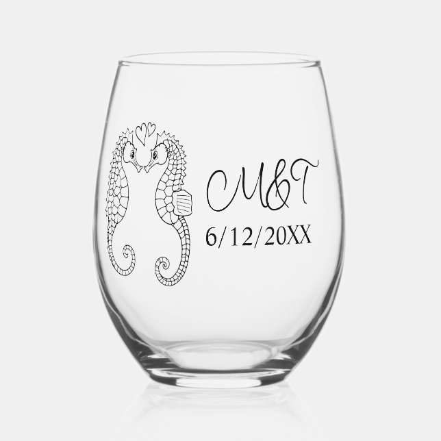 Two Seahorses and Bride and Groom's Initials  Stemless Wine Glass (Back)