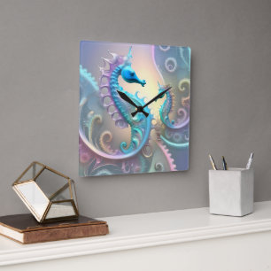 Two Seahorses Pastel Fractal Art, Square Wall Clock