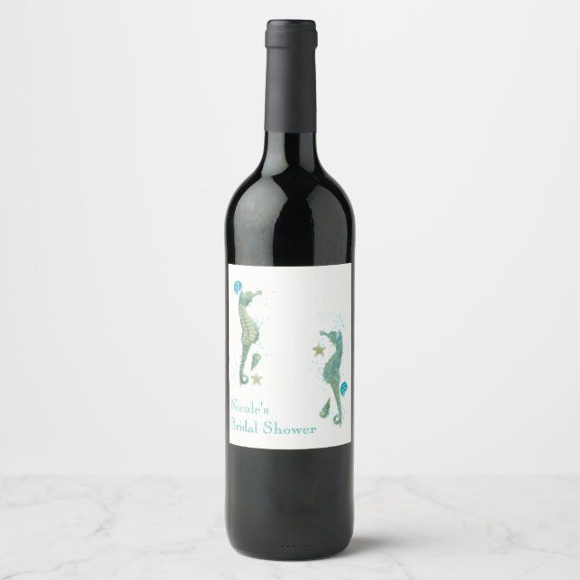Two Seahorses Watercolor Beach Wedding Engagement Wine Label (Front)
