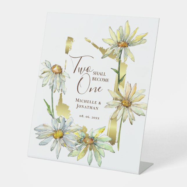 Two Shall Become One Daisies Gold Frame Wedding Pedestal Sign (Front)