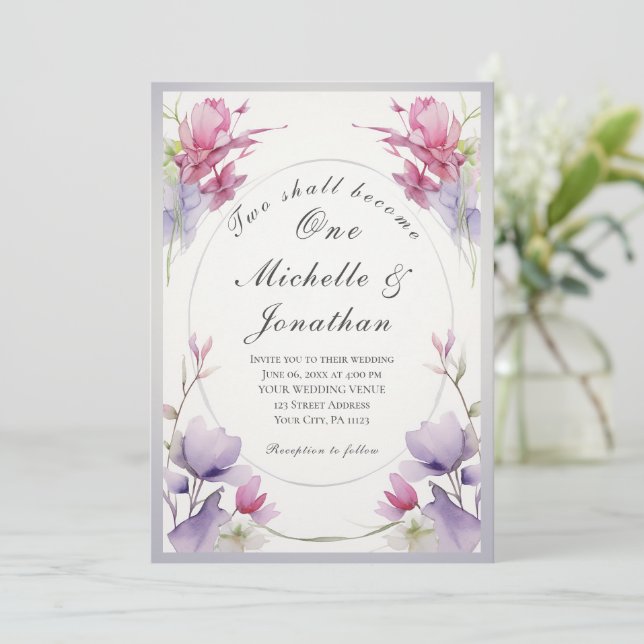 Two Shall Become One Lavender Pink Floral Wedding Invitation (Standing Front)