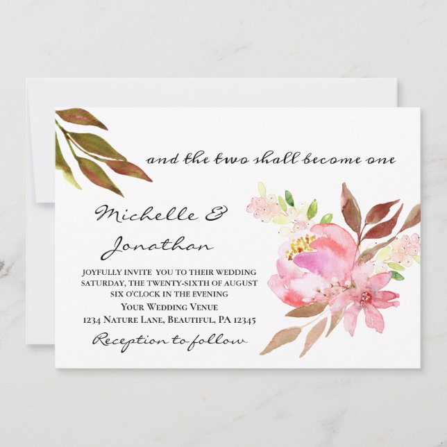 Two Shall Become One Pink Floral Christian Wedding Invitation (Front)