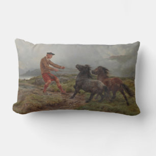Two Shetland Ponies in a Misty Highland Landscape Lumbar Pillow