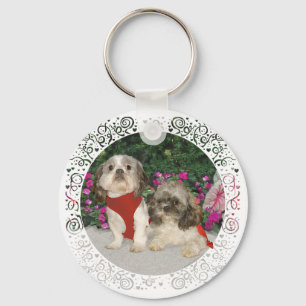 Two Shih Tzus in a Garden Keychain