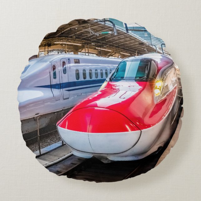 Two Shinkansen at the Tokyo Station Round Pillow (Front)