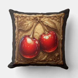 Two Shiny Red Cherries with Golden Leaves Throw Pillow