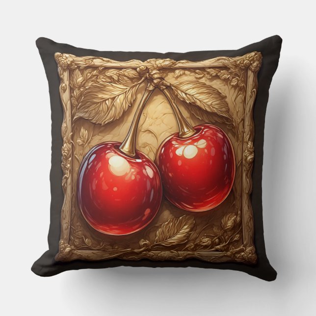 Two Shiny Red Cherries with Golden Leaves Throw Pillow (Front)