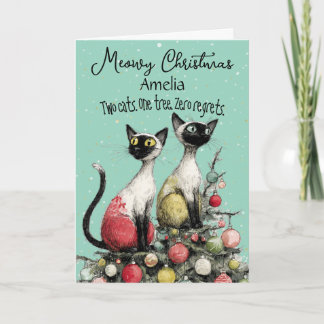 Two Siamese Cats on Christmas Tree Christmas Card