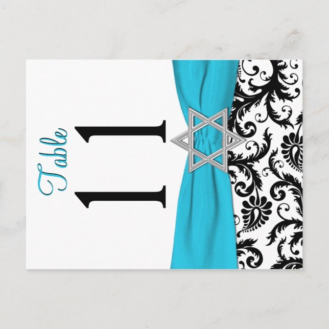 Two-sided Aqua, Black, White Damask Table Number Postcard (Front)