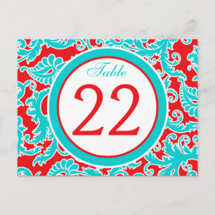 Two-sided Blue, Red, White Damask Table Number Postcard